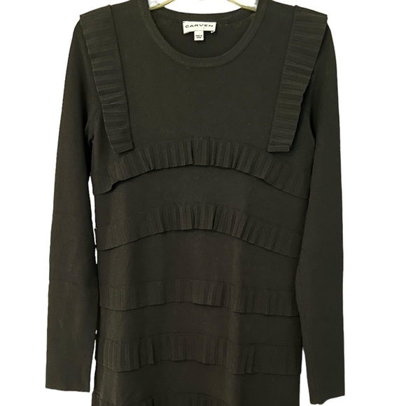 NWOT CARVEN TIERED RUFFLE SWEATER DRESS BLACK MIDI LONG SLEEVE MODEST CREW NECK - Picture 3 of 15
